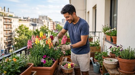 Fototapeta premium Man gardening on balcony with colorful flowers in sunny weather 