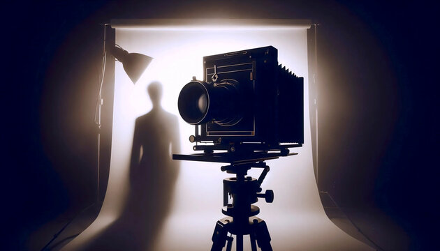 A self-portrait of the photographer, seen only as a silhouette behind a large format camera on a tripod, Ai generated image