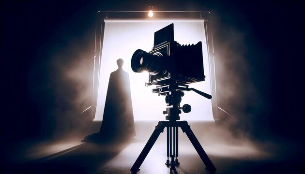 A self-portrait of the photographer, seen only as a silhouette behind a large format camera on a tripod, Ai generated image