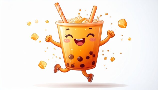 Cute cartoon mascot illustration of a firefly holding oversized straw runs with bubble tea.