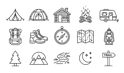 Camping and outdoor adventure line icon set with tent cabin bonfire caravan and hiking gear vector collection © MdSakib