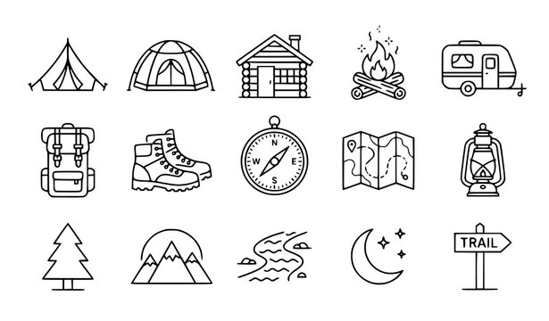 Camping and outdoor adventure line icon set with tent cabin bonfire caravan and hiking gear vector collection