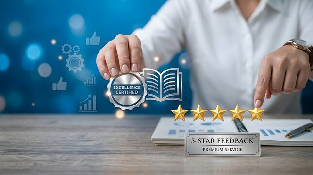 A businesswoman is evaluating customer experiences and satisfaction by placing stars on a chart showcasing a business growth concept with positive product reviews and an excellence certificate