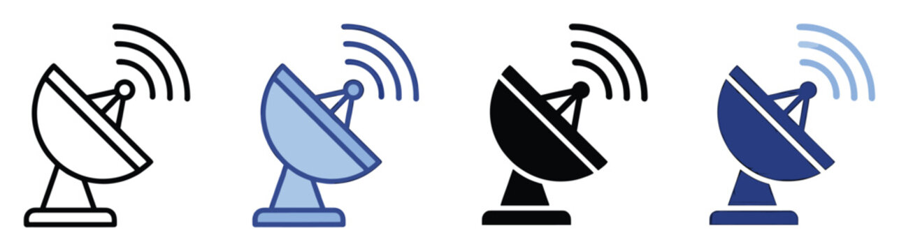 Set of satellite dish icons depicting communication and broadcasting technology for modern media