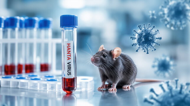 Hanta virus blood sample with laboratory rat for epidemiology and virology medical research