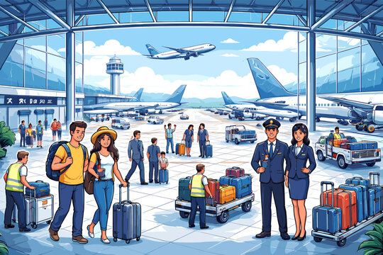 A bustling airport terminal with passengers, luggage, and airplanes on the tarmac, showcasing the excitement of travel and modern transportation.