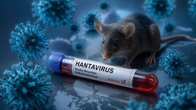 Hantavirus outbreak map concept with laboratory mouse and virus particles for medical news broadcast