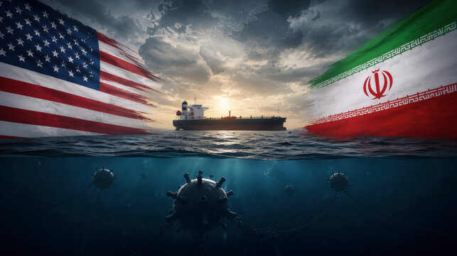 Underwater naval mines and oil tanker split view for international conflict documentary footage