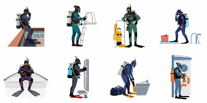 Collection of Scuba Divers in Full Gear Preparing for Underwater Exploration on Boat Decks, Flat Vector Illustrations Isolated on White Background