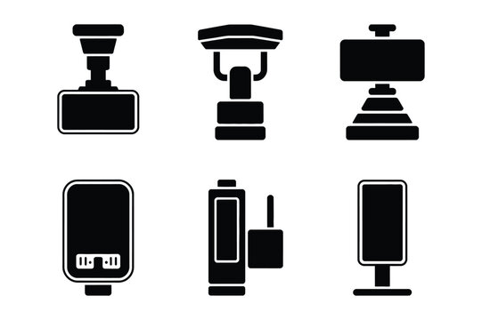 Set of various surveillance camera and security device vector icons with security