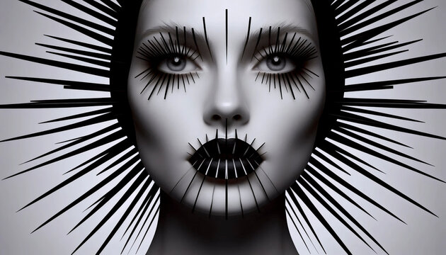 A clinical portrait: face with geometric lips, crystalline lashes, and a radial hair pattern, flat white background, Ai generated image