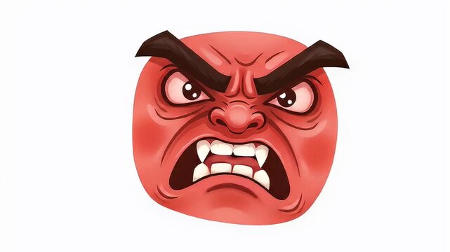 Angry red cartoon face with dark eyebrows and bared fangs on white background