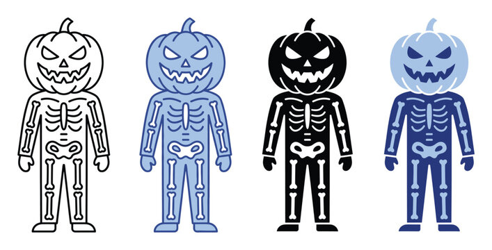 Set of Halloween pumpkin head skeleton costume characters for spooky holiday designs