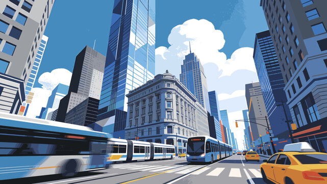 A vibrant city street scene with modern skyscrapers, historic buildings, and various public transportation including buses, trams, and yellow taxis under a clear blue sky.