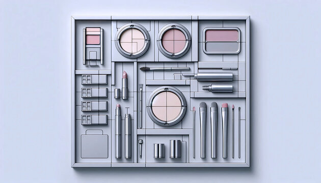 A modular makeup system ad showing interchangeable components in a grid layout, Ai generated image