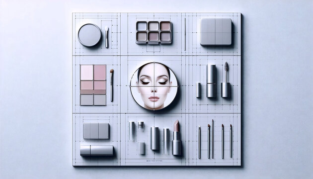 A modular makeup system ad showing interchangeable components in a grid layout, Ai generated image
