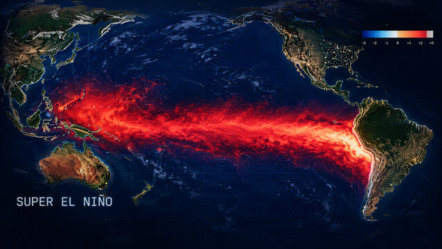 World map showing sea surface temperature anomalies in the Pacific Ocean with "SUPER EL NI&Ntilde;O" text