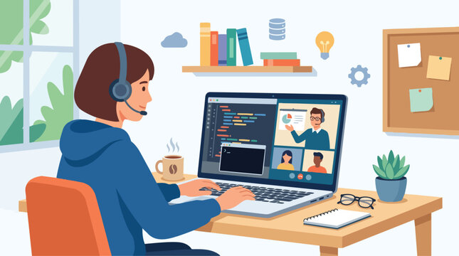 Remote Developer Working from Home on Video Call and Coding Project