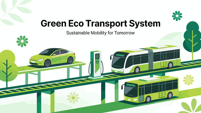 Illustration of a green eco transport system featuring electric cars, buses, and a charging station, emphasizing sustainable mobility for tomorrow.