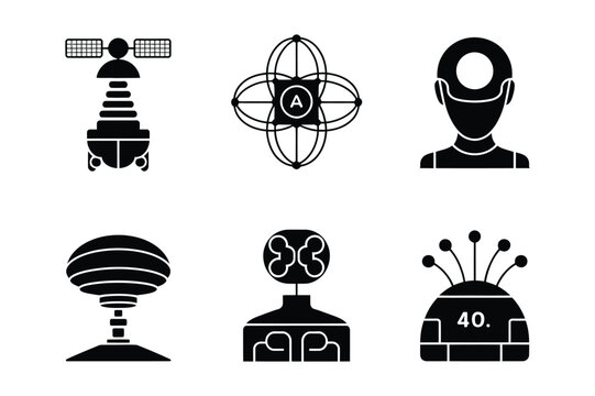 Scientific research modules and space station antenna silhouette icons with satellite