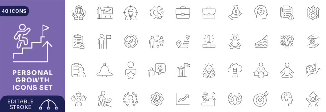 Personal Growth Line Editable Icon Set. Editable stroke