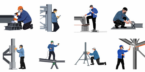 Fototapeta premium Illustrations of construction workers and engineers inspecting, measuring, and assembling steel structures at a building site using safety gear and professional tools.