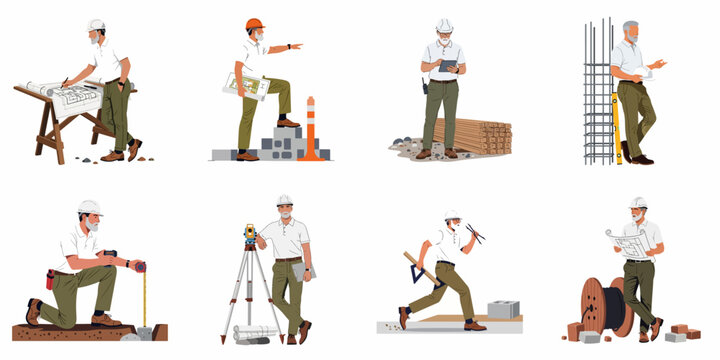 Professional construction manager and architect character set in various work poses on site with blueprints and tools.