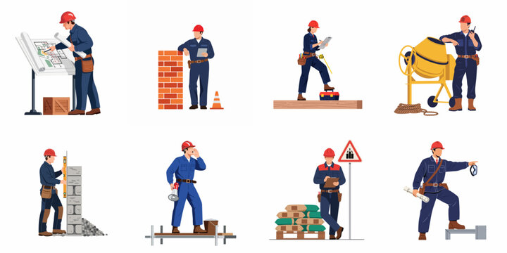 Set of construction worker characters in various poses and roles at a building site, featuring blueprints, tools, and heavy machinery illustrations.
