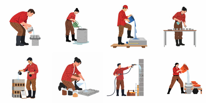 Set of illustrations depicting professional construction workers testing, curing, and treating concrete structures and materials with water in various industrial settings.