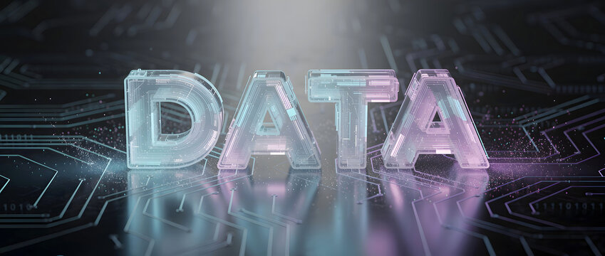Glass 3D data typography sitting on a glowing circuit board background with pink and cyan lights representing digital storage and information tech
