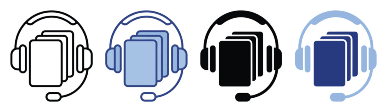 Set of headset and document icons for audio learning resources and customer assistance applications
