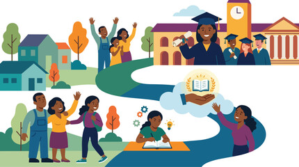Fototapeta premium Education Journey from Childhood Home to Successful University Graduation and Future Career Opportunities