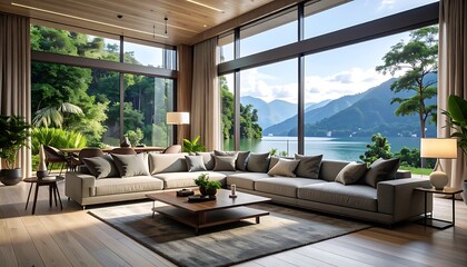 Fototapeta premium A modern living room with a scenic view of a lake and mountains