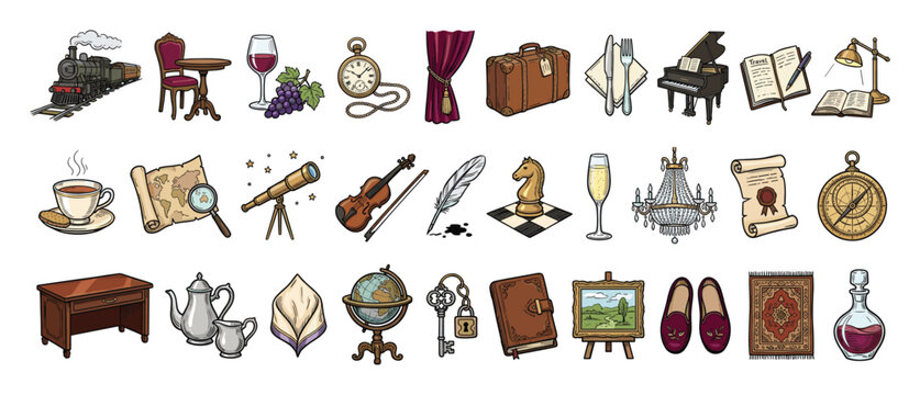 Set of vintage objects for oldworld travel, leisure, and classical hobbies for various projects