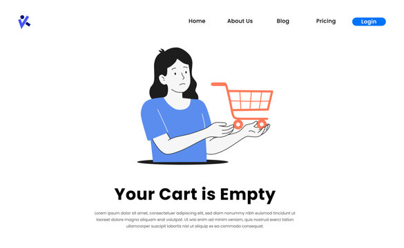 Empty Cart Illustration. Sad Woman Holding an Empty Shopping Cart