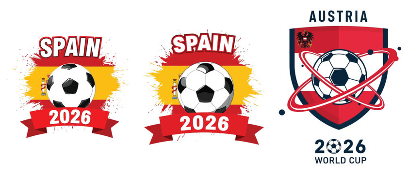 Set of soccer world cup 2026 logos with spain and austria national flags and football ball