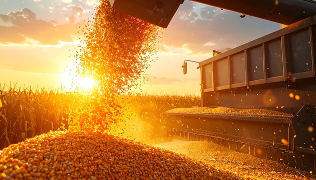 A large pile of golden grains being poured from a machine