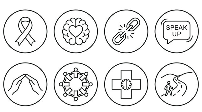 Comprehensive vector svg Mental Health and Wellness Outline Icons set, promoting awareness, support, advocacy, and breaking stigma for well-being