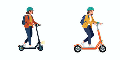 A modern flat design illustration of a commuter riding an electric scooter. Minimalist style, bright trendy colors, no outline, clean vector art, plain white background. © youland