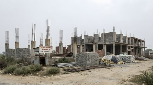 Future heights residency site office located at active residential construction zone with steel reinforcement pillars and concrete blocks showing various stages of large scale building project.