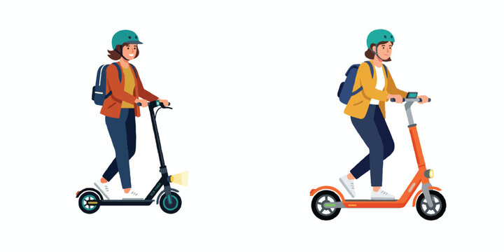 A modern flat design illustration of a commuter riding an electric scooter. Minimalist style, bright trendy colors, no outline, clean vector art, plain white background.