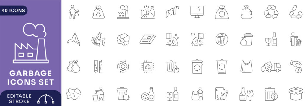 Garbage Line Editable Icons set. Editable stroke