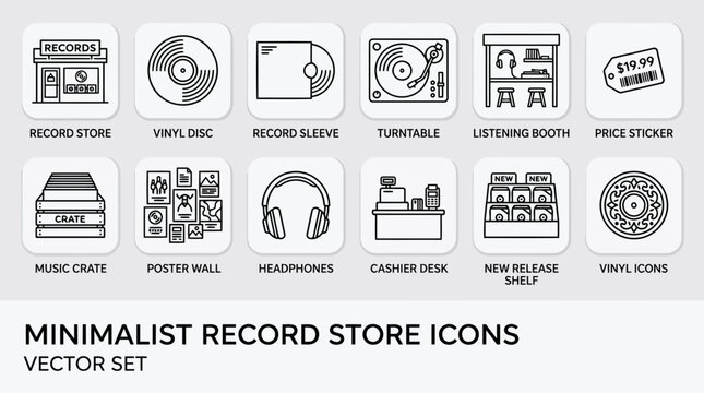 Collection of minimalist record store icons showcasing vinyl disc, turntable, headphones, and shop elements for music themed design projects.