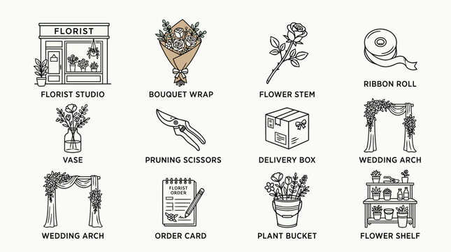 Florist studio equipment set with flower bouquets vases pruning scissors and wedding arch icons for small business brand identity marketing materials social media and website interface design art.