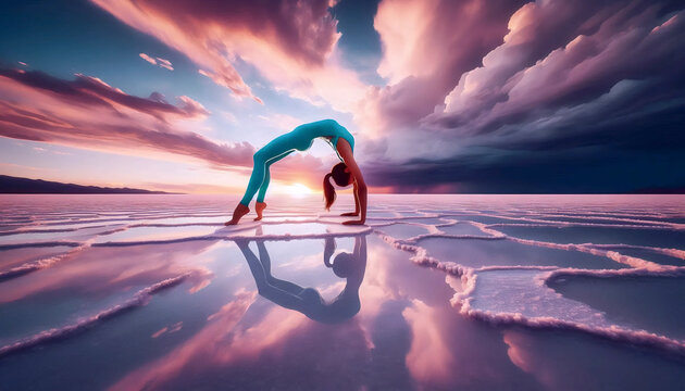 Yoga practitioner in backbend wheel pose on reflective salt flat under dramatic cloudy sky, Ai generated image