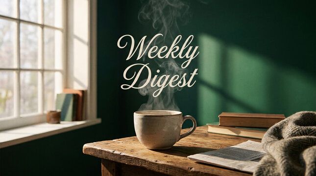 "Weekly Digest" text in steam rising from hot coffee cup on rustic wooden table near window