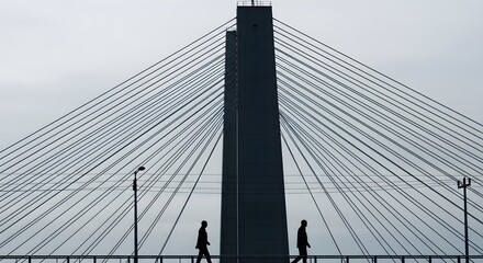 Obraz premium Two Silhouettes Walking Across A Cable-Stayed Bridge