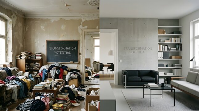 Dramatic before and after renovation concept showing dilapidated room transformed into modern minimalist living space.