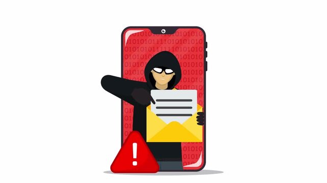 4K animation of Hooded hacker stealing data from smartphone email with warning alert for mobile cybercrime breach, phishing scam risk and unsafe digital privacy protection concept.