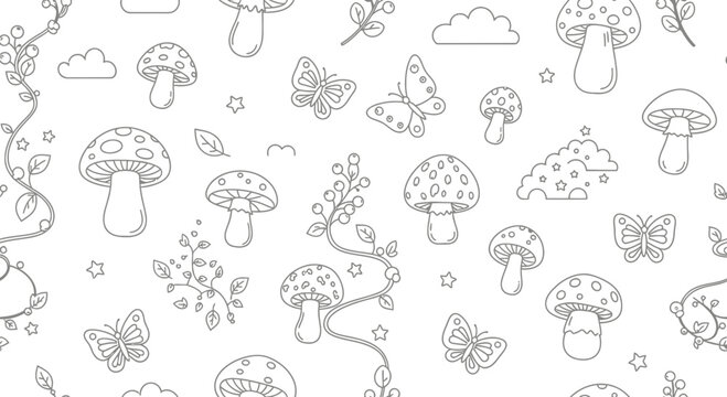 Seamless pattern of mushrooms butterflies clouds and stars for various uses
